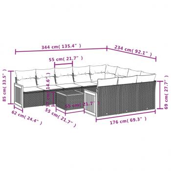 11-tlg. Garten-Sofagarnitur mit Kissen Schwarz Poly Rattan