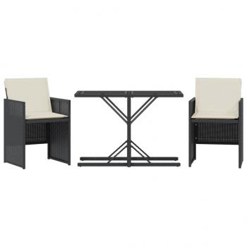 ARDEBO.de - 3-tlg. Bistro-Set mit Kissen Schwarz Poly Rattan