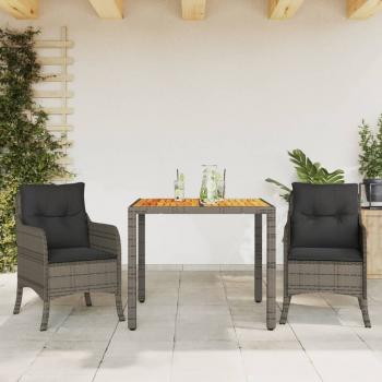 ARDEBO.de - 3-tlg. Garten-Essgruppe mit Kissen Grau Poly Rattan