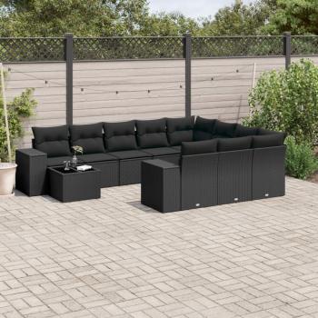 ARDEBO.de - 11-tlg. Garten-Sofagarnitur mit Kissen Schwarz Poly Rattan