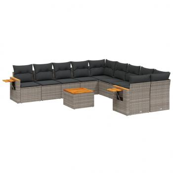 11-tlg. Garten-Sofagarnitur mit Kissen Grau Poly Rattan