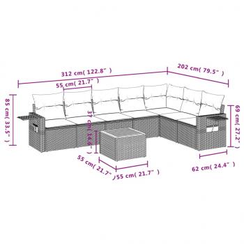 8-tlg. Garten-Sofagarnitur mit Kissen Grau Poly Rattan