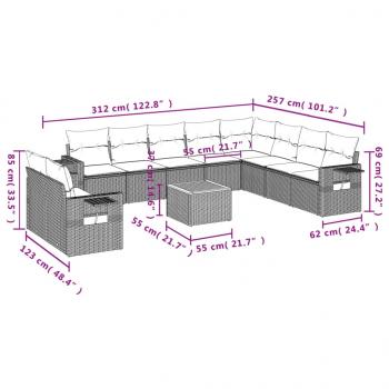 11-tlg. Garten-Sofagarnitur mit Kissen Grau Poly Rattan