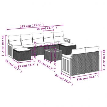 10-tlg. Garten-Sofagarnitur mit Kissen Grau Poly Rattan