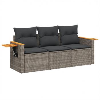 3-tlg. Garten-Sofagarnitur mit Kissen Grau Poly Rattan