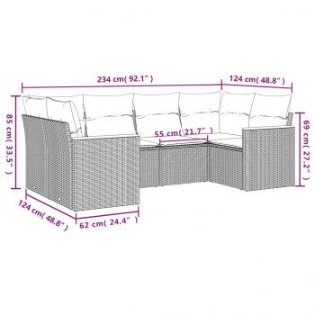 6-tlg. Garten-Sofagarnitur mit Kissen Grau Poly Rattan