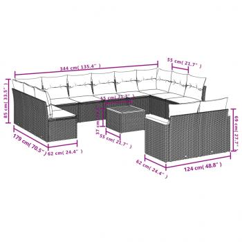 13-tlg. Garten-Sofagarnitur mit Kissen Schwarz Poly Rattan