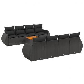 9-tlg. Garten-Sofagarnitur mit Kissen Schwarz Poly Rattan