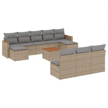 11-tlg. Garten-Sofagarnitur mit Kissen Beige Poly Rattan