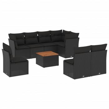 9-tlg. Garten-Sofagarnitur mit Kissen Schwarz Poly Rattan