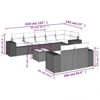 9-tlg. Garten-Sofagarnitur mit Kissen Schwarz Poly Rattan