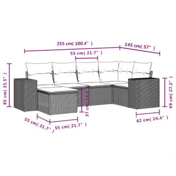 6-tlg. Garten-Sofagarnitur mit Kissen Grau Poly Rattan