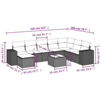 9-tlg. Garten-Sofagarnitur mit Kissen Schwarz Poly Rattan