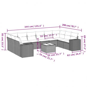 11-tlg. Garten-Sofagarnitur mit Kissen Schwarz Poly Rattan