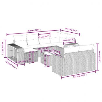 11-tlg. Garten-Sofagarnitur mit Kissen Grau Poly Rattan