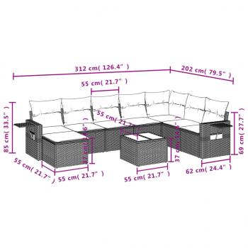 9-tlg. Garten-Sofagarnitur mit Kissen Beige Poly Rattan