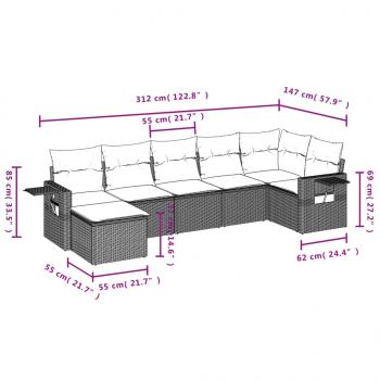 7-tlg. Garten-Sofagarnitur mit Kissen Grau Poly Rattan