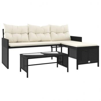 ARDEBO.de - Gartensofa in L-Form mit Tisch und Kissen Schwarz Poly Rattan