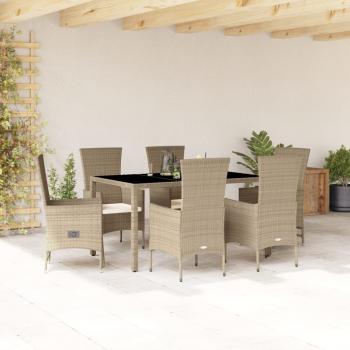 ARDEBO.de - 7-tlg. Garten-Essgruppe mit Kissen Beige Poly Rattan