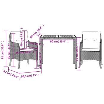 3-tlg. Garten-Essgruppe mit Kissen Schwarz Poly Rattan