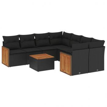 9-tlg. Garten-Sofagarnitur mit Kissen Schwarz Poly Rattan