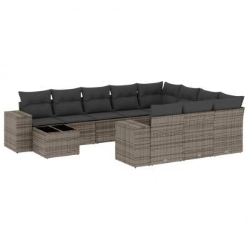 11-tlg. Garten-Sofagarnitur mit Kissen Grau Poly Rattan