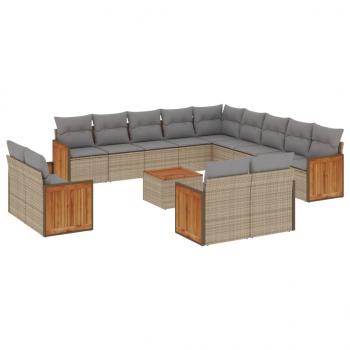 14-tlg. Garten-Sofagarnitur mit Kissen Beige Poly Rattan