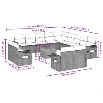 14-tlg. Garten-Sofagarnitur mit Kissen Grau Poly Rattan