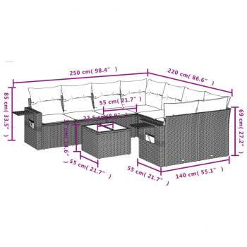 9-tlg. Garten-Sofagarnitur mit Kissen Schwarz Poly Rattan