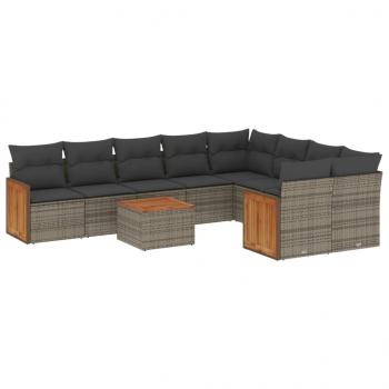 10-tlg. Garten-Sofagarnitur mit Kissen Grau Poly Rattan