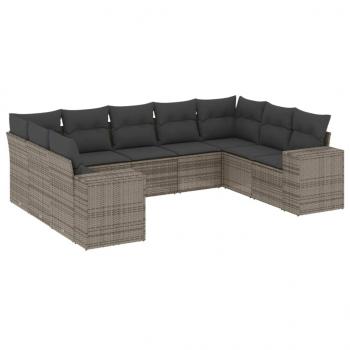 9-tlg. Garten-Sofagarnitur mit Kissen Grau Poly Rattan