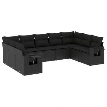 9-tlg. Garten-Sofagarnitur mit Kissen Schwarz Poly Rattan