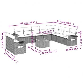 11-tlg. Garten-Sofagarnitur mit Kissen Beige Poly Rattan