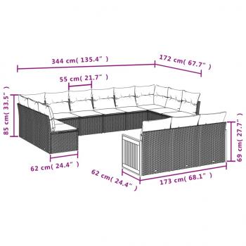 13-tlg. Garten-Sofagarnitur mit Kissen Grau Poly Rattan