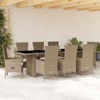 ARDEBO.de - 9-tlg. Garten-Essgruppe mit Kissen Beige Poly Rattan