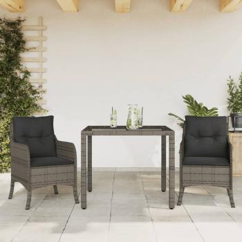 ARDEBO.de - 3-tlg. Garten-Essgruppe mit Kissen Grau Poly Rattan