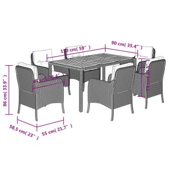 7-tlg. Garten-Essgruppe mit Kissen Schwarz Poly Rattan