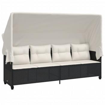 Sonnenliege mit Dach und Kissen Schwarz Poly Rattan