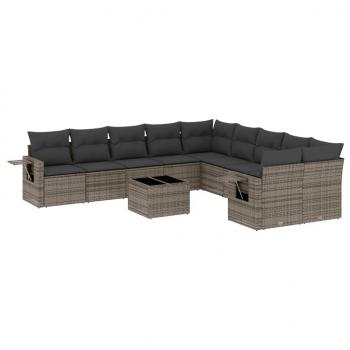 11-tlg. Garten-Sofagarnitur mit Kissen Grau Poly Rattan