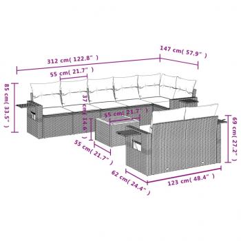 9-tlg. Garten-Sofagarnitur mit Kissen Beige Poly Rattan