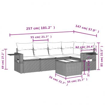 6-tlg. Garten-Sofagarnitur mit Kissen Grau Poly Rattan