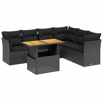 7-tlg. Garten-Sofagarnitur mit Kissen Schwarz Poly Rattan