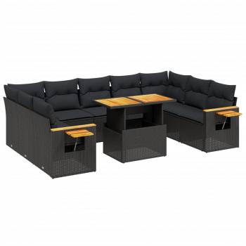 11-tlg. Garten-Sofagarnitur mit Kissen Schwarz Poly Rattan