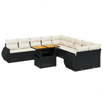 11-tlg. Garten-Sofagarnitur mit Kissen Schwarz Poly Rattan