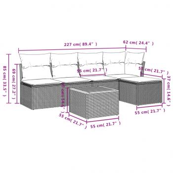 6-tlg. Garten-Sofagarnitur mit Kissen Grau Poly Rattan