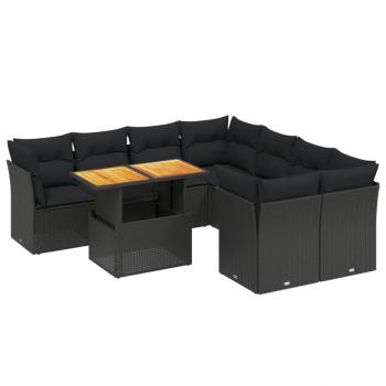 9-tlg. Garten-Sofagarnitur mit Kissen Schwarz Poly Rattan