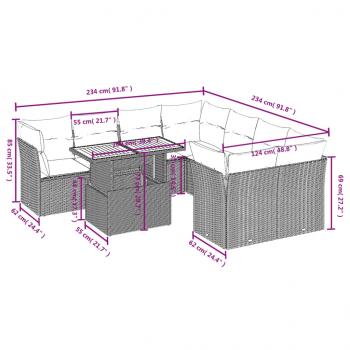 9-tlg. Garten-Sofagarnitur mit Kissen Schwarz Poly Rattan