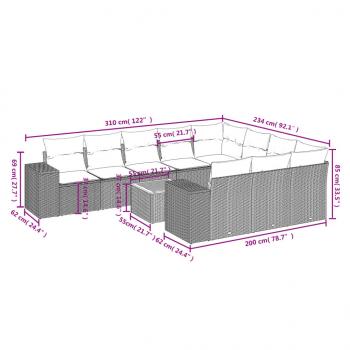 11-tlg. Garten-Sofagarnitur mit Kissen Grau Poly Rattan