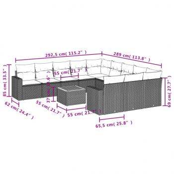 12-tlg. Garten-Sofagarnitur mit Kissen Grau Poly Rattan