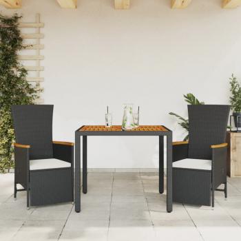 ARDEBO.de - 3-tlg. Garten-Essgruppe mit Kissen Schwarz Poly Rattan